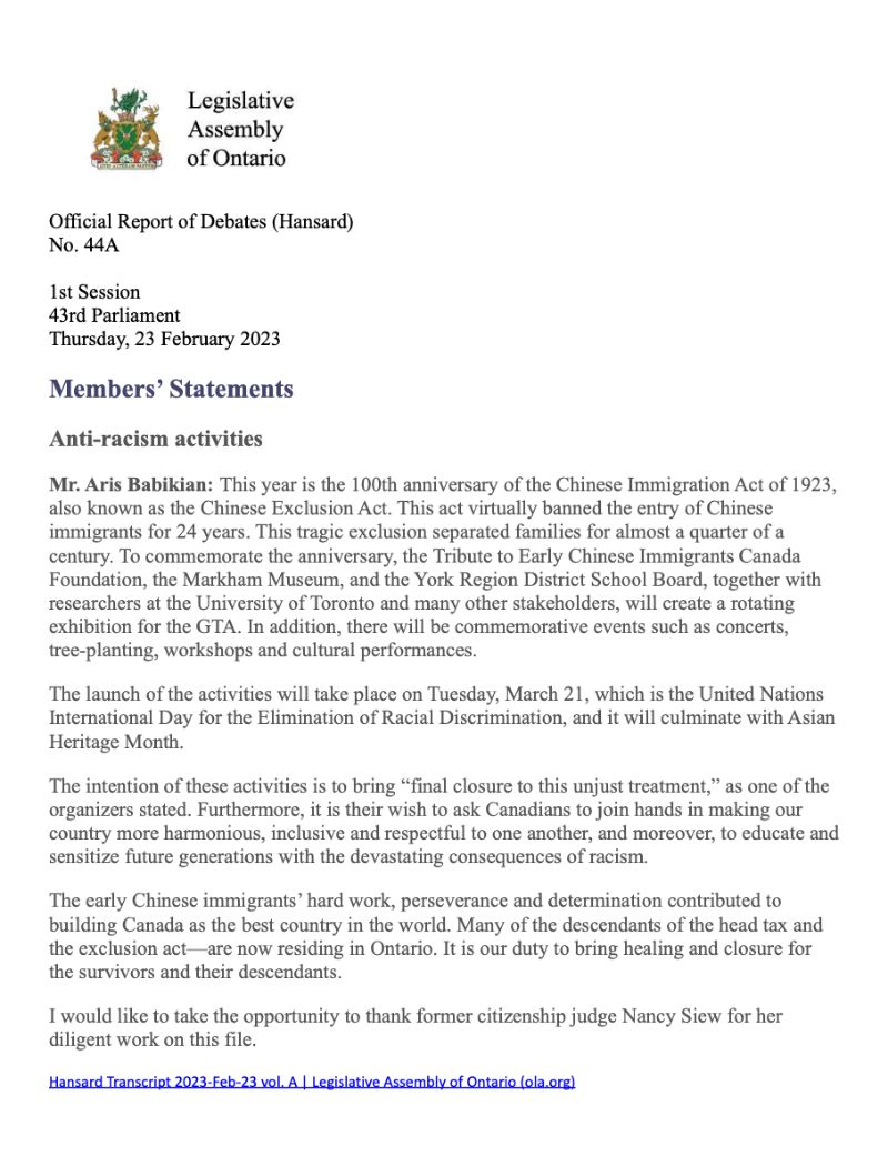The 100th Anniversary of Chinese Exclusion Act (1923) Official Report of Debates Members’ Statements The 100th Anniversary of Chinese Exclusion Act (1923) Official Report of Debates Members’ Statements